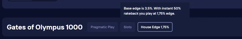 Duel Casino house edge badge — provably fair RTP and house edge display per game
