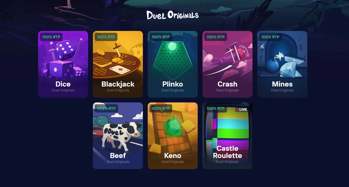 Duel Casino original games — crash duel, dice duel, mines duel interface