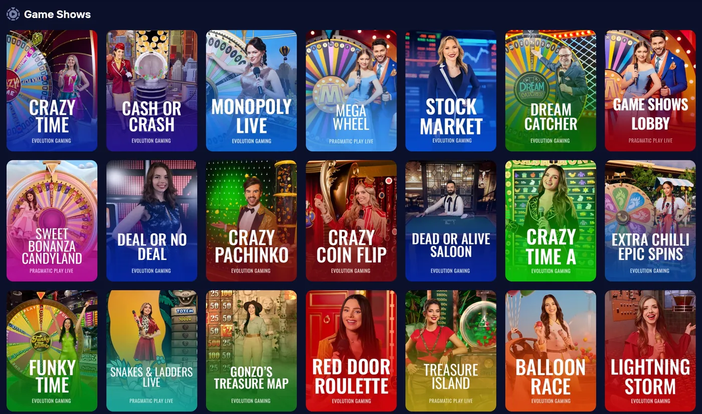 Duel Casino game shows — live game show titles with big multipliers