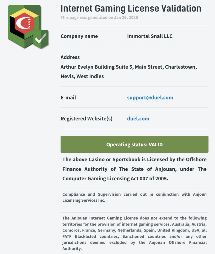 Duel Casino gaming licence and regulatory certificates